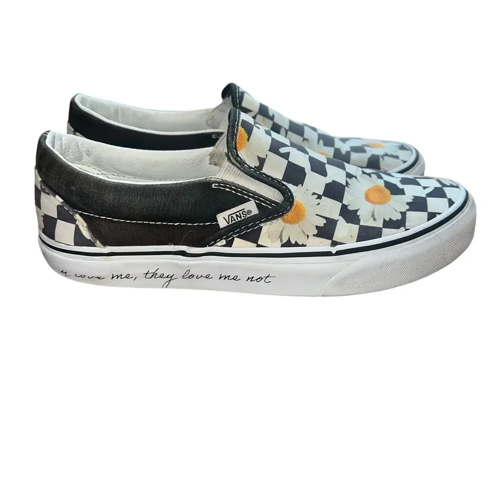 Black White Checkered Vans with Daisy Print Size 7